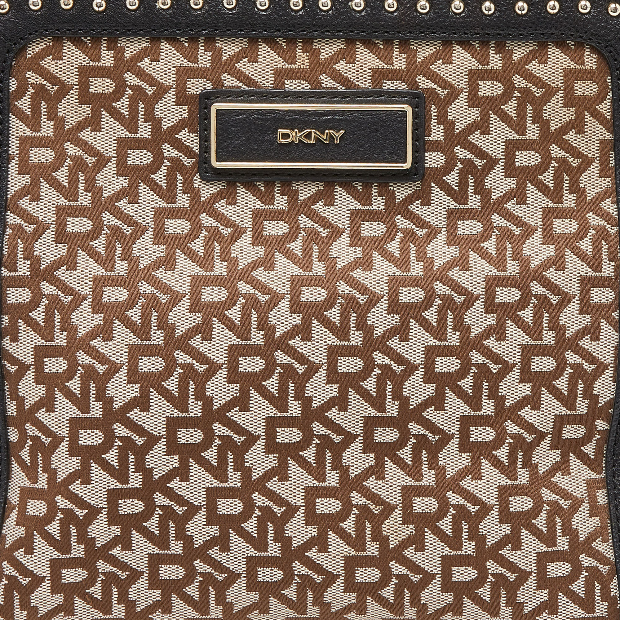 DKNY Beige/Black Signature Canvas And Leather Studded Satchel