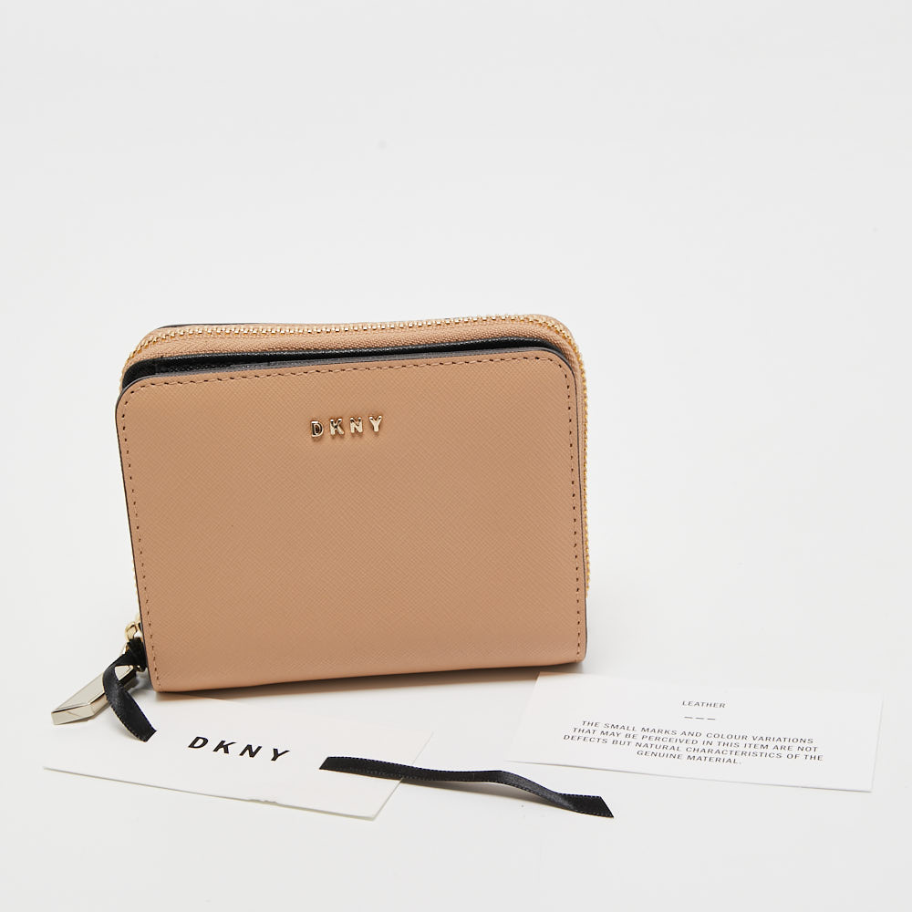 DKNY Beige Saffiano Leather Zip Around Compact Wallet