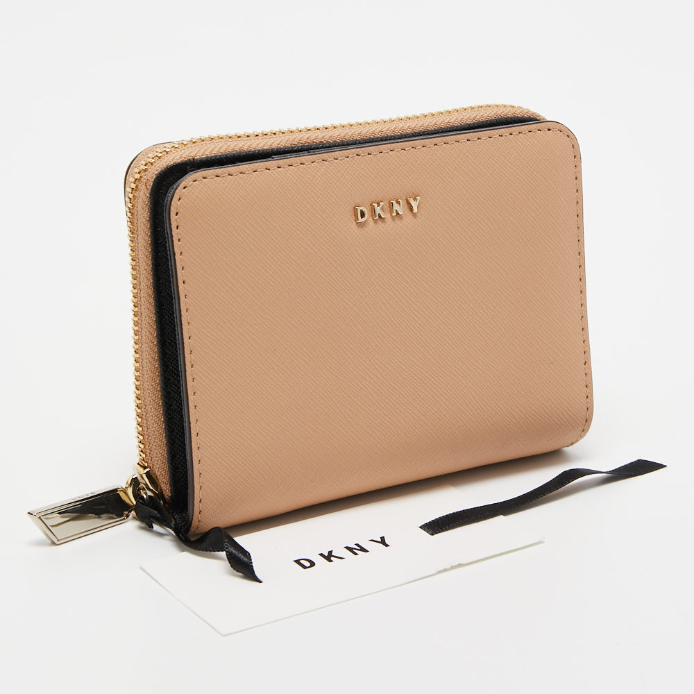DKNY Beige Saffiano Leather Zip Around Compact Wallet