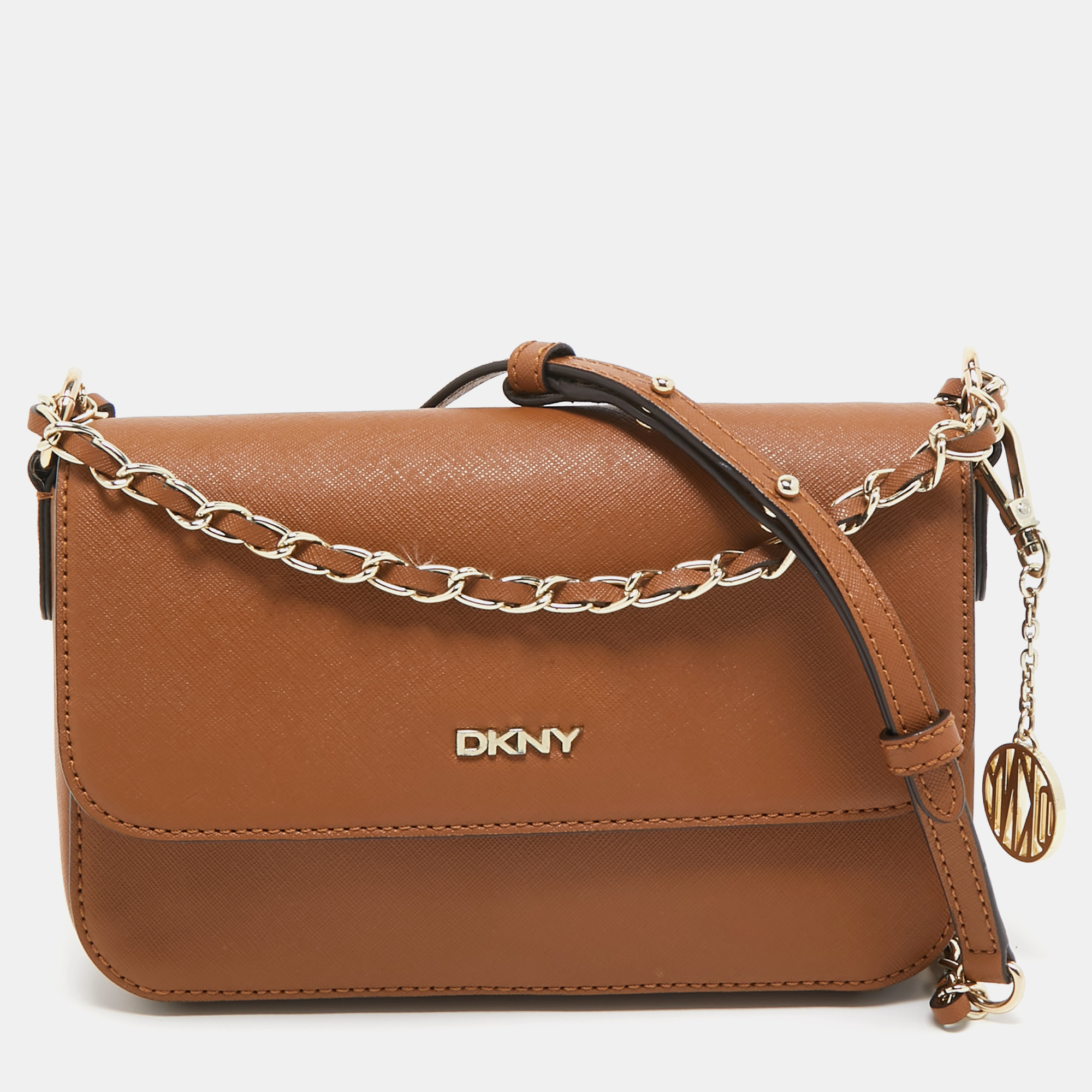 Dkny brown leather bryant flap crossbody bag