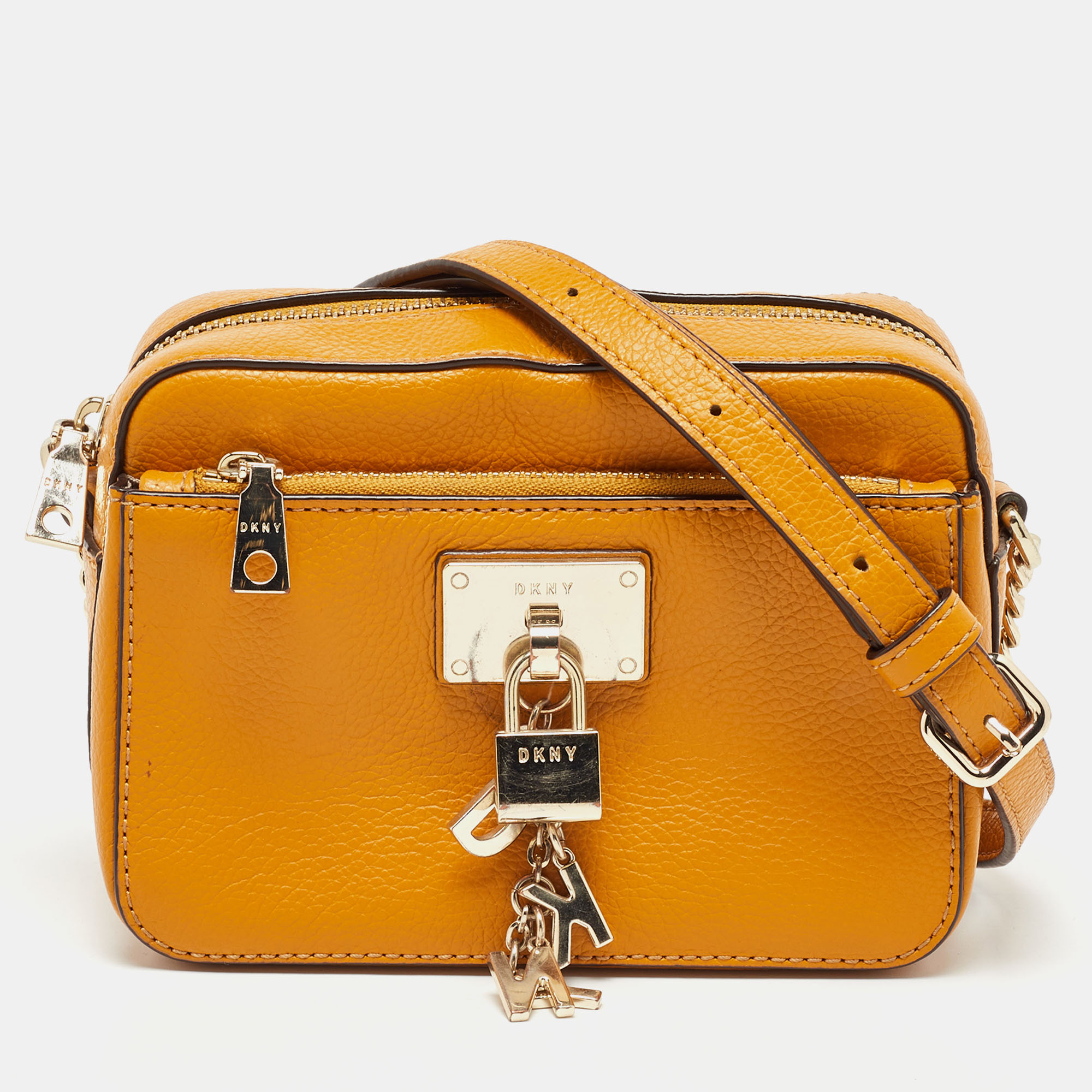 Dkny mustard leather padlock charm camera bag