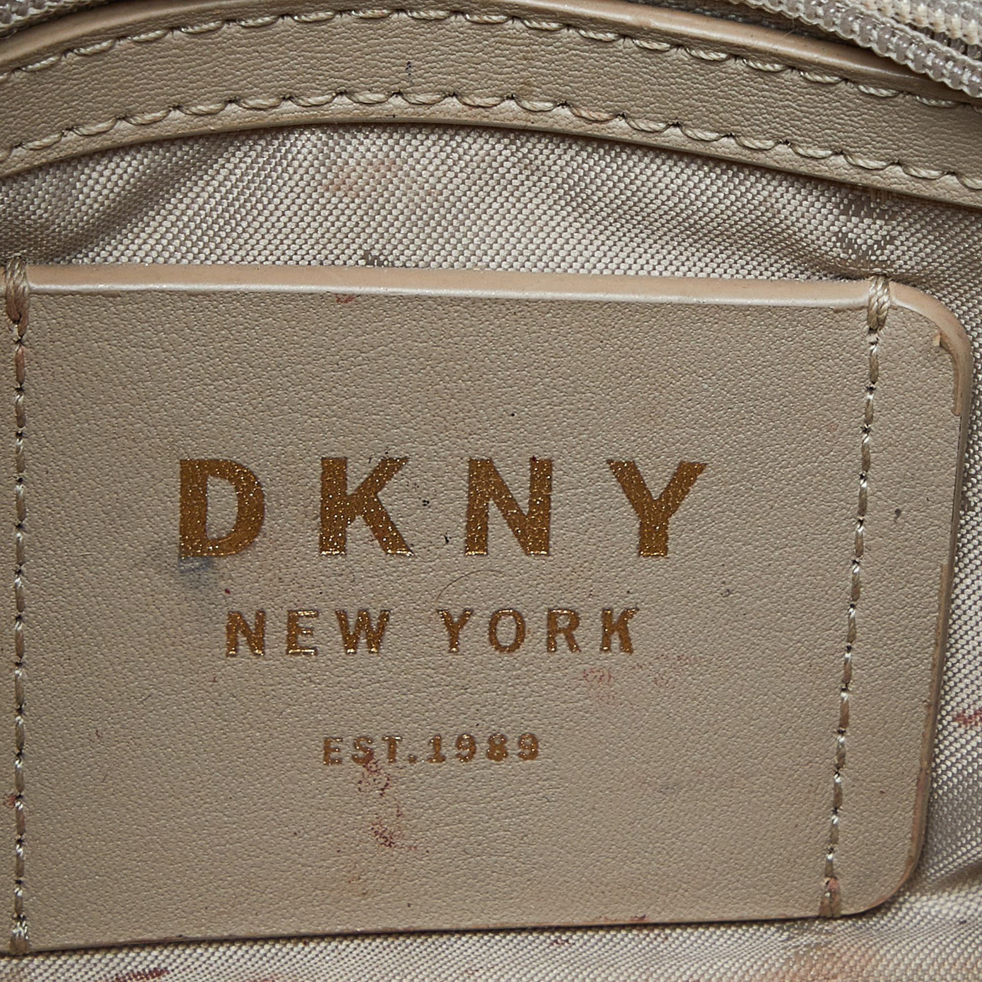 DKNY Beige/Brown Signature Canvas And Leather Padlock Charm Top Handle Bag