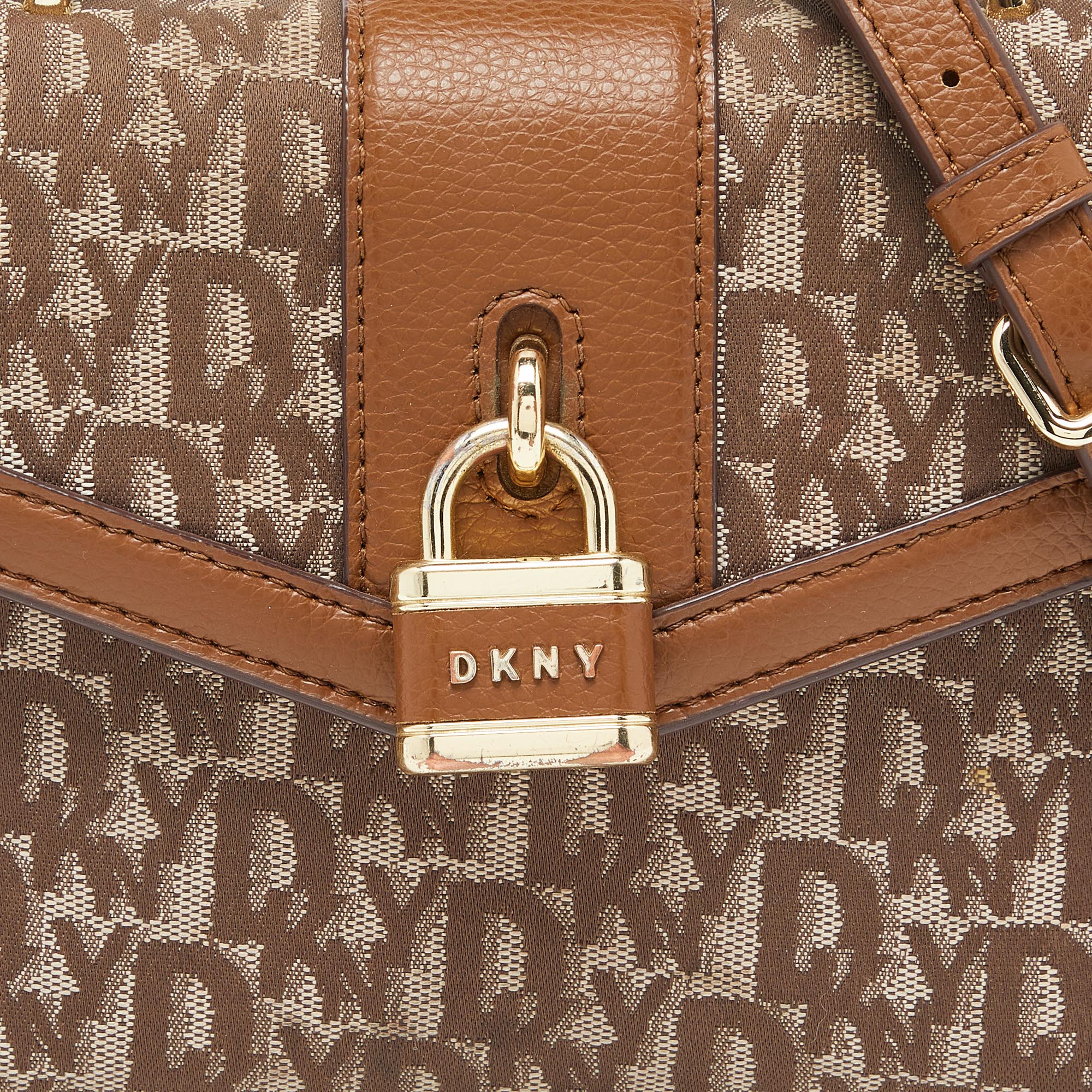 DKNY Beige/Brown Signature Canvas And Leather Padlock Charm Top Handle Bag