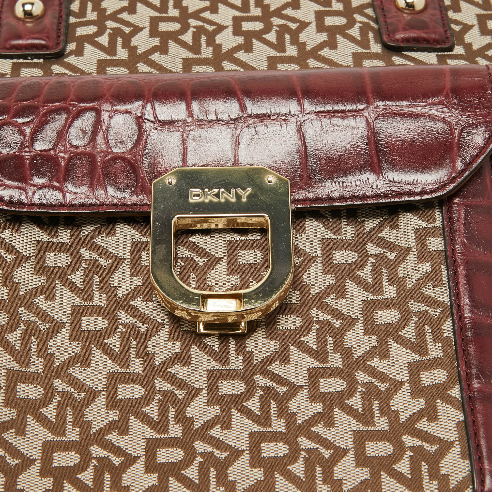 DKNY Dark Red/Beige Signature Canvas And Croc Embossed Leather Tote