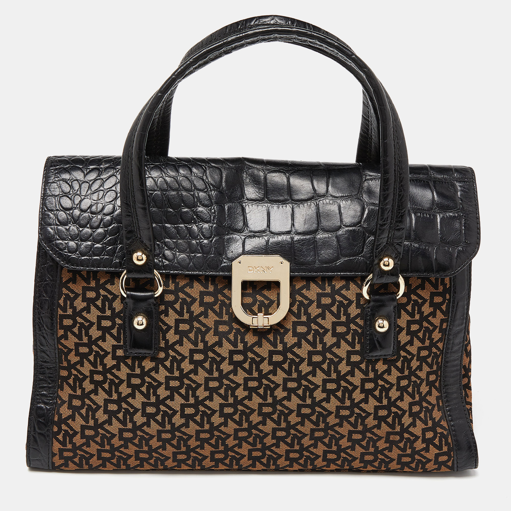 Dkny black/brown monogram canvas and croc embossed leather turnlock flap tote