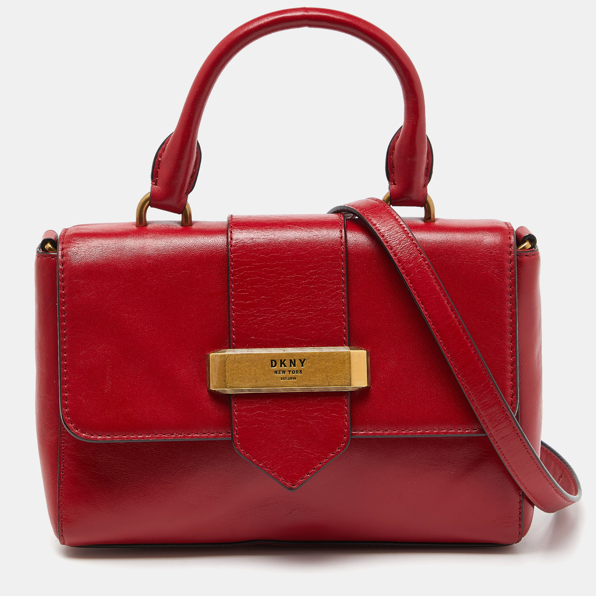 Dkny red leather metal logo flap top handle bag