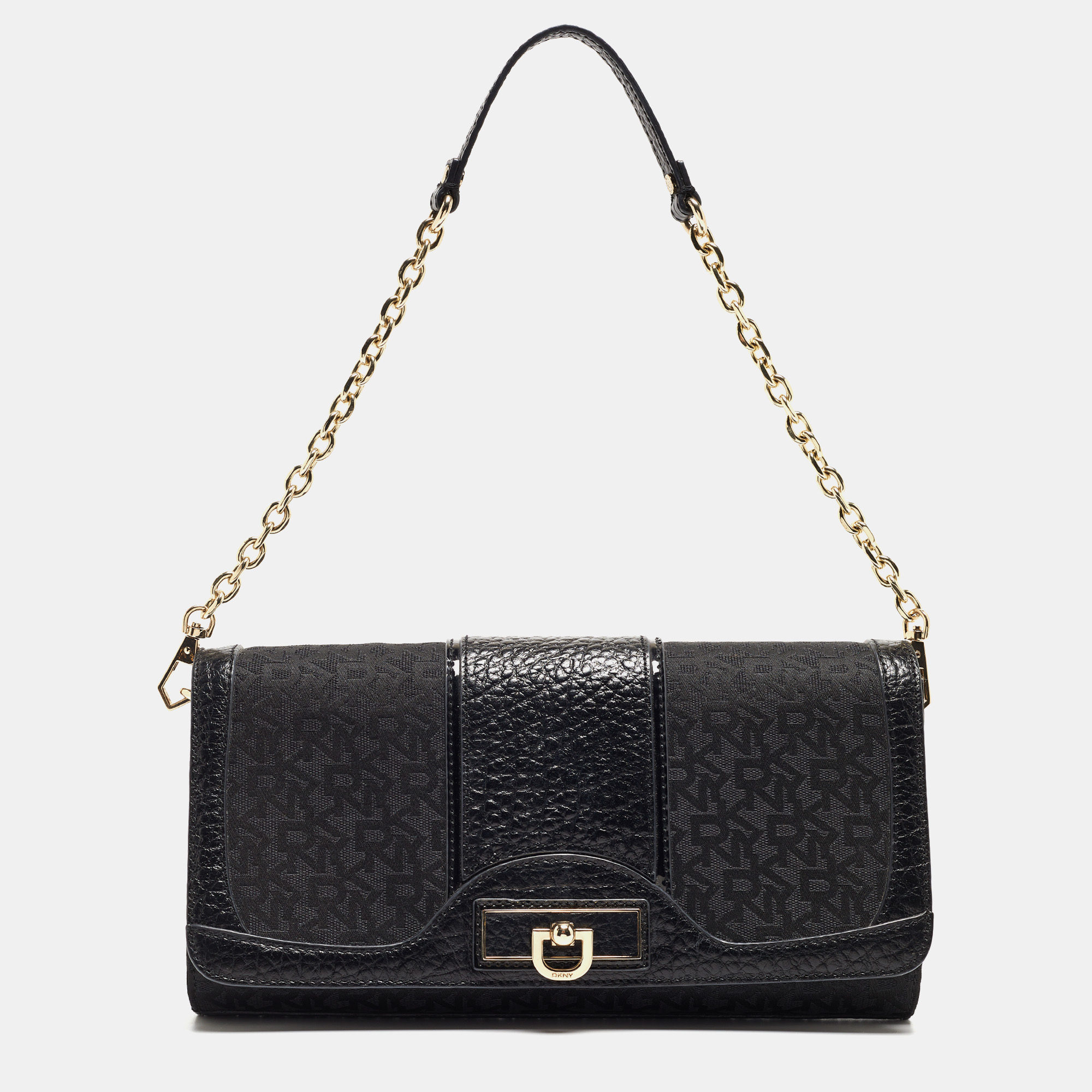 Dkny black monogram canvas and leather flap chain bag