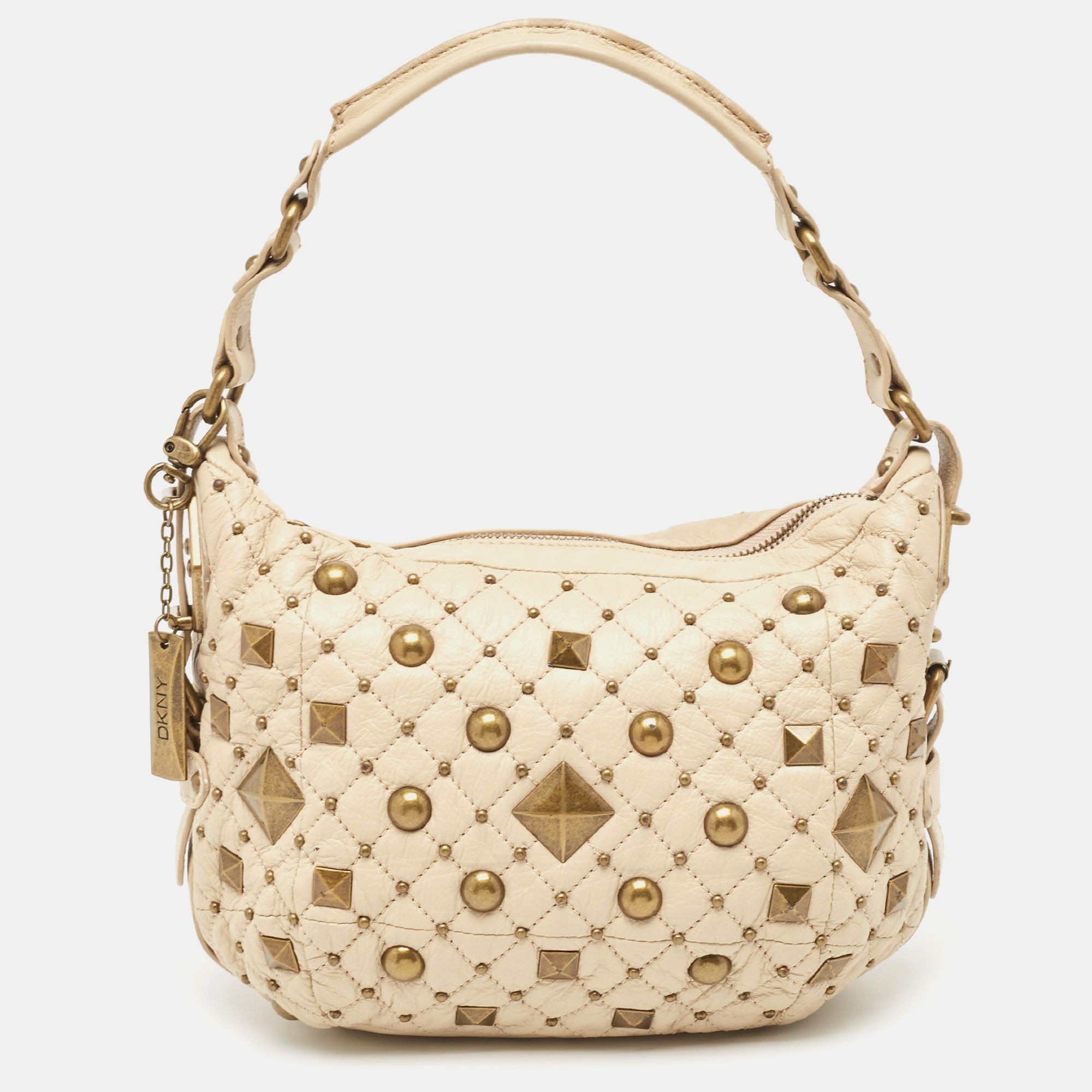 Dkny beige quilted leather studded hobo