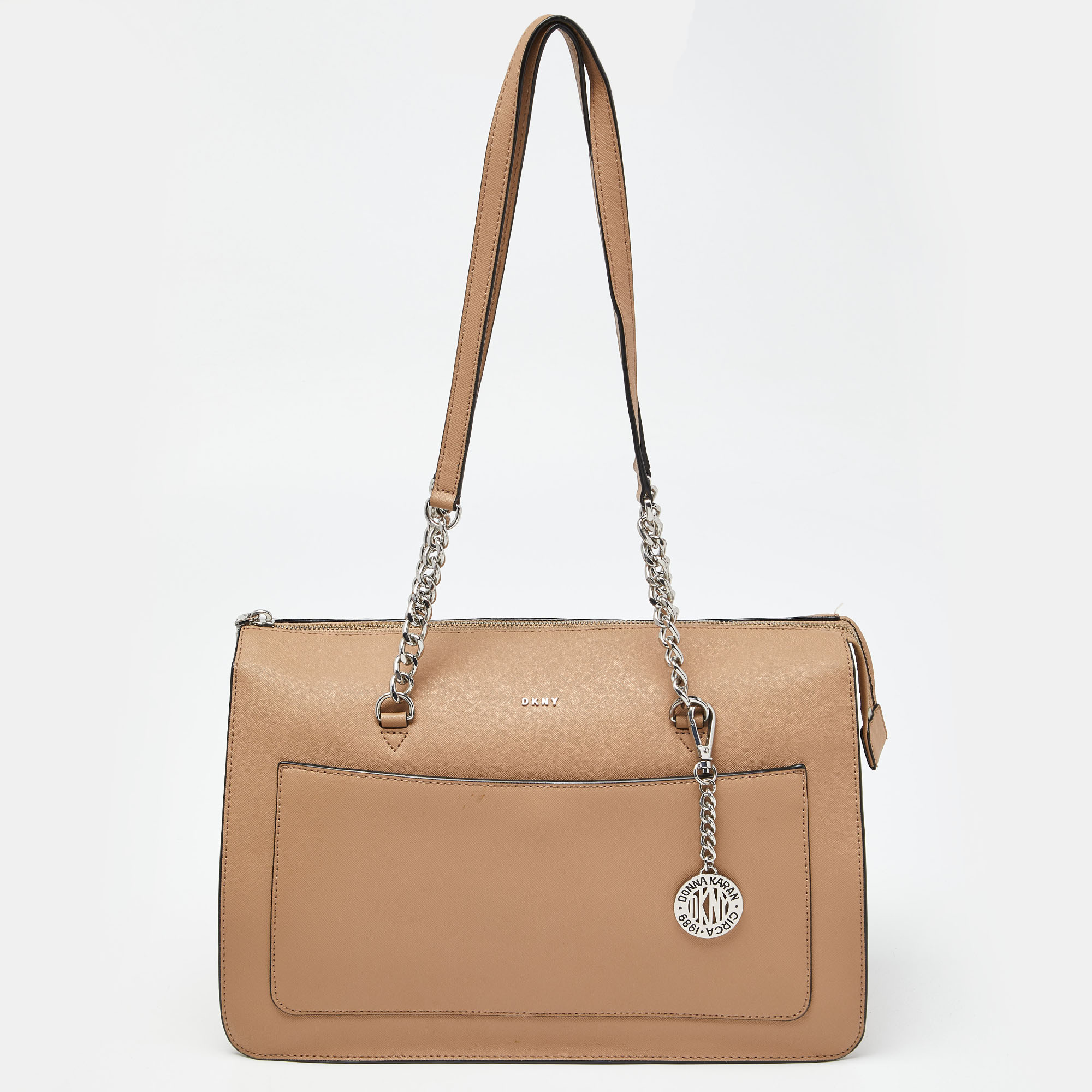 Dkny beige leather large bryant chain zip tote