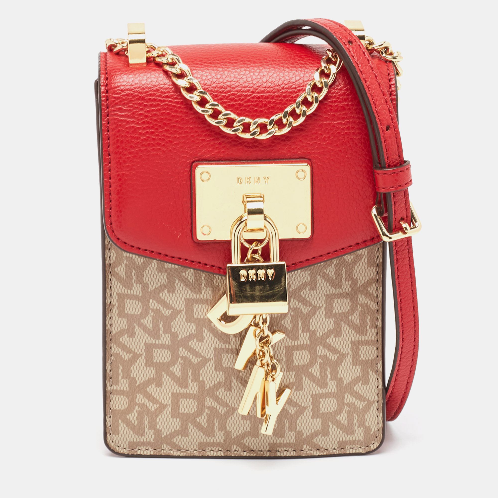 Dkny red/beige monogram coated canvas and leather elissa north south crossbody bag