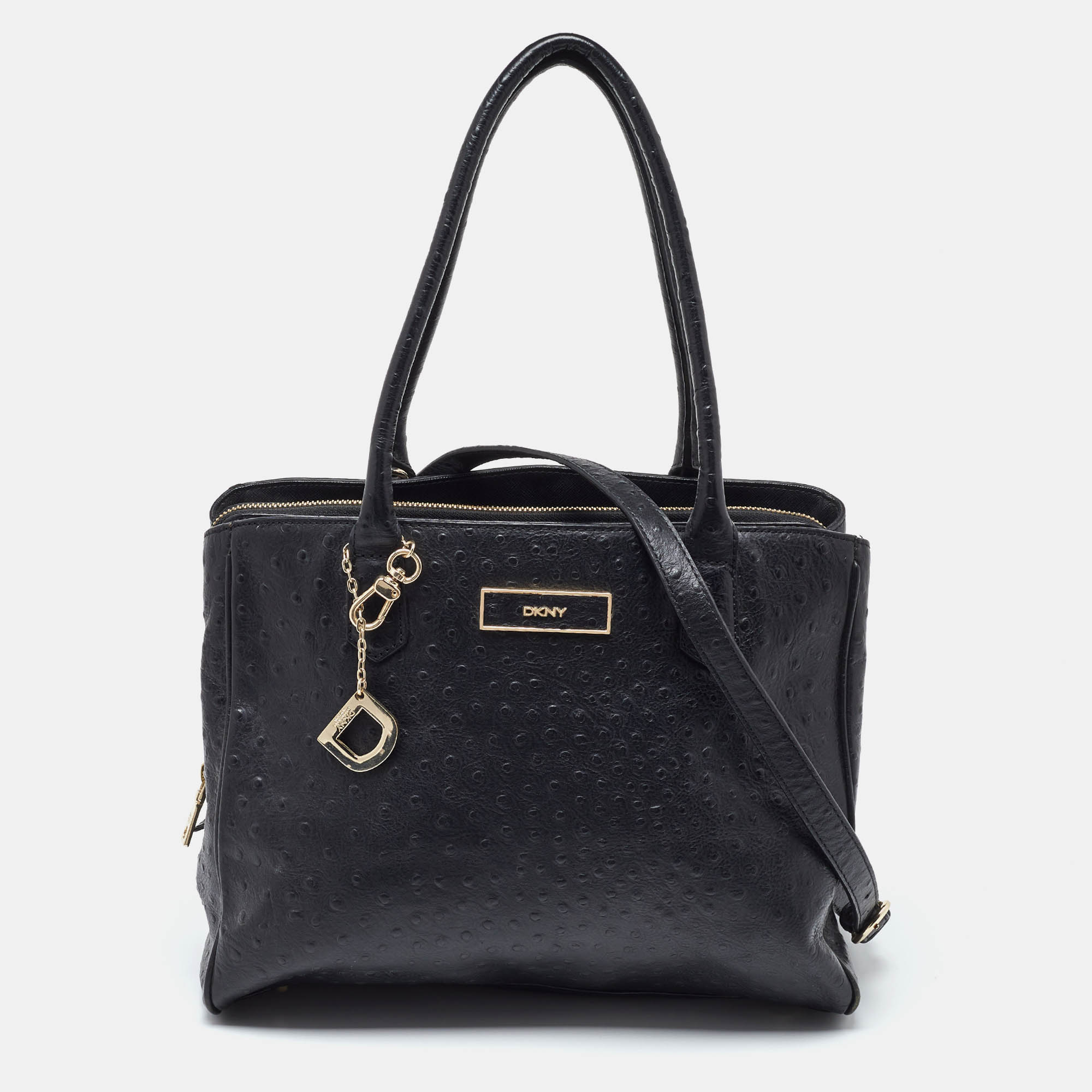 Dkny black ostrich embossed leather tote