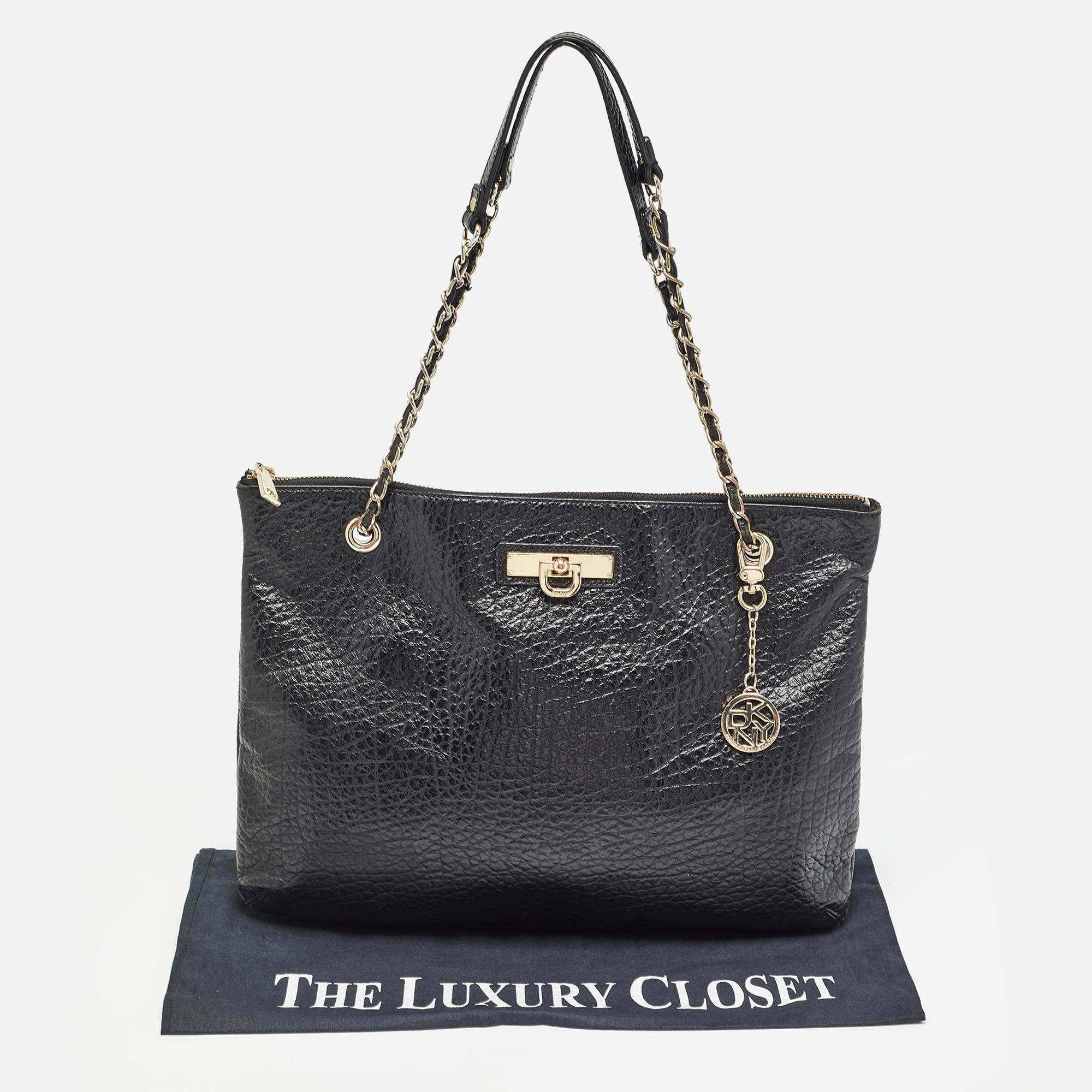 DKNY Black Leather Charm Chain Tote