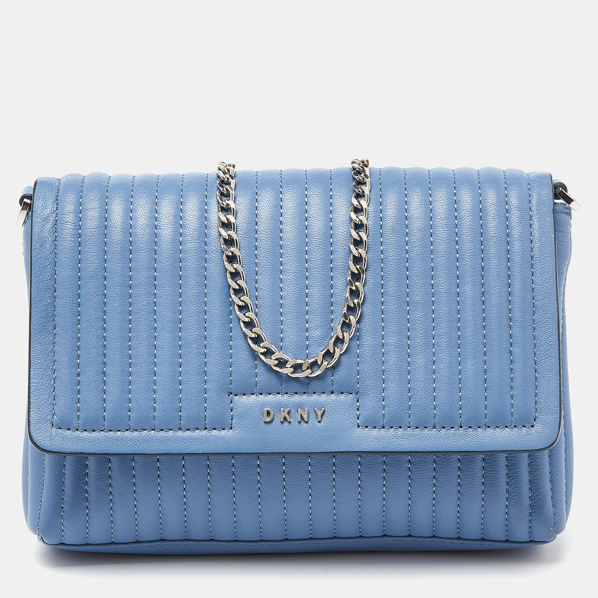 Dkny blue pinstripe quilted leather small gansevoort flap shoulder bag