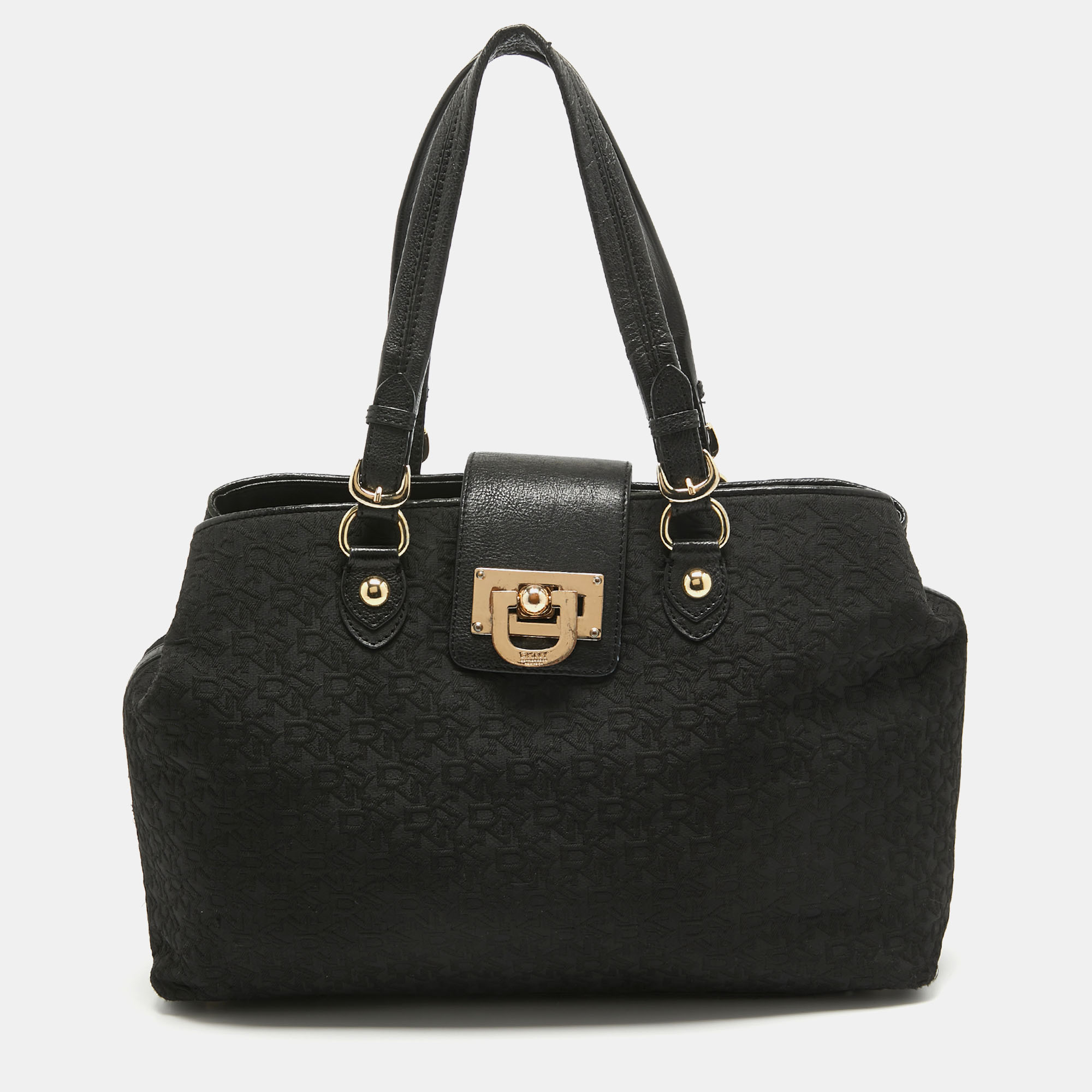 Dkny black monogram canvas and leather flap tote