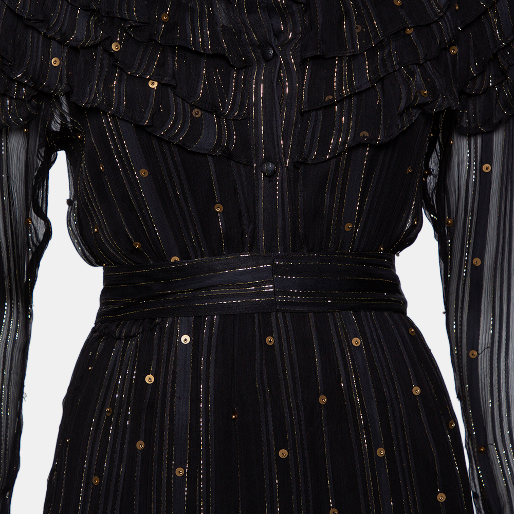 Dodo Bar Or Black Lurex Chiffon Ruffle Detail Tiered Belted Midi Dress M