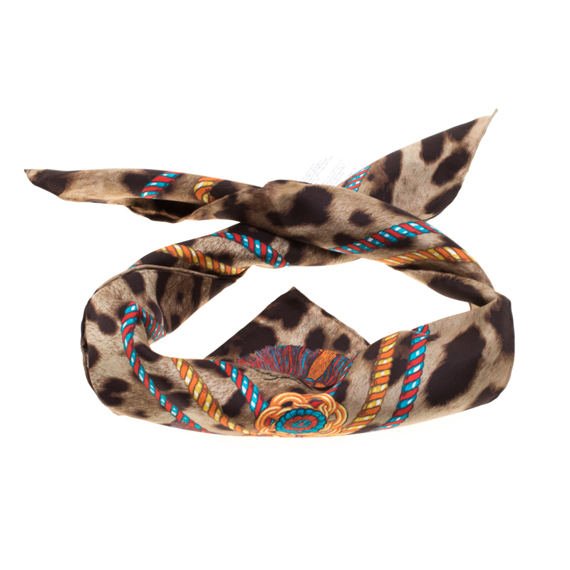Dolce & Gabbana Brown Leopard and Tassel Print Silk Square Scarf