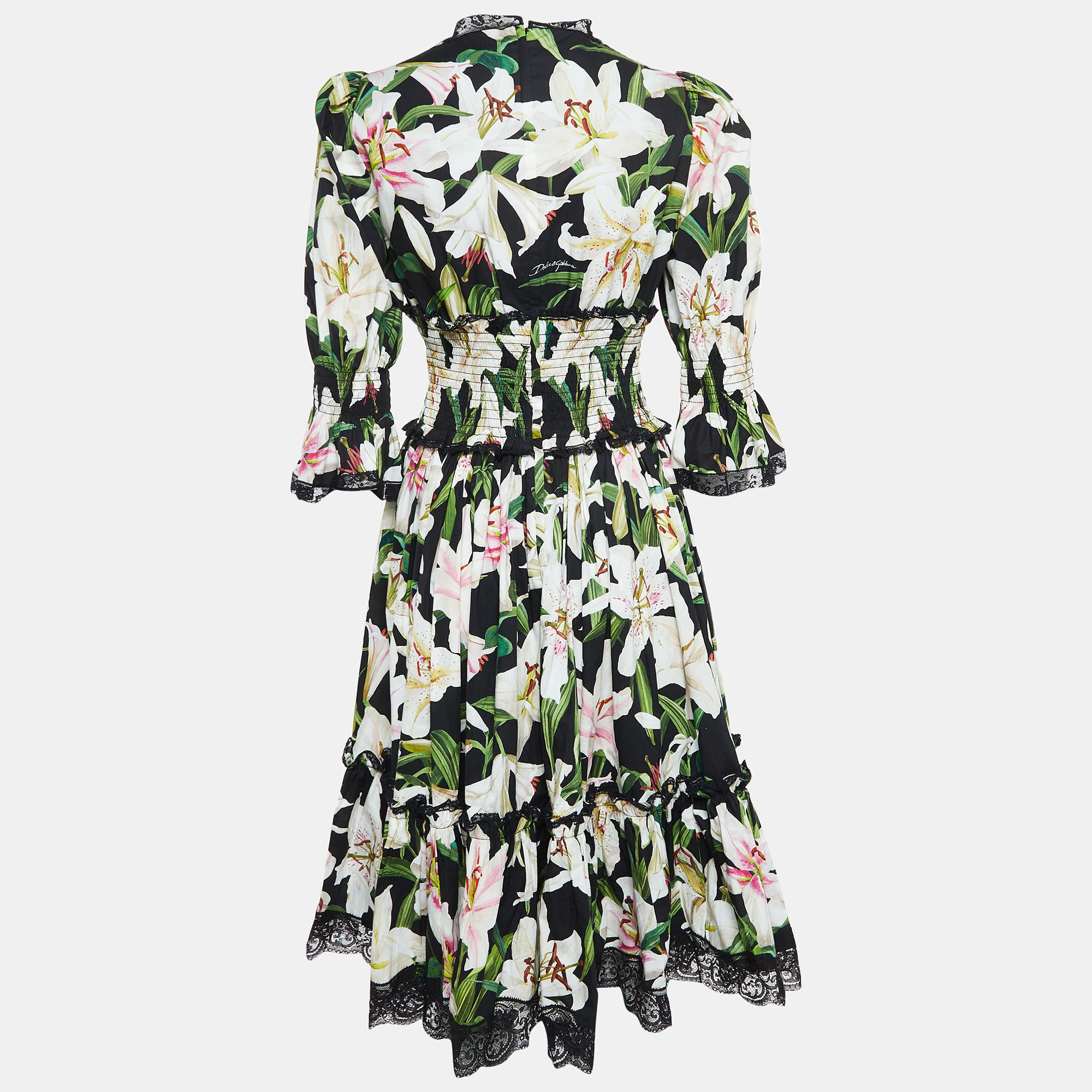 Dolce & Gabbana Black Lily Print Cotton And Lace Midi Length Dress M