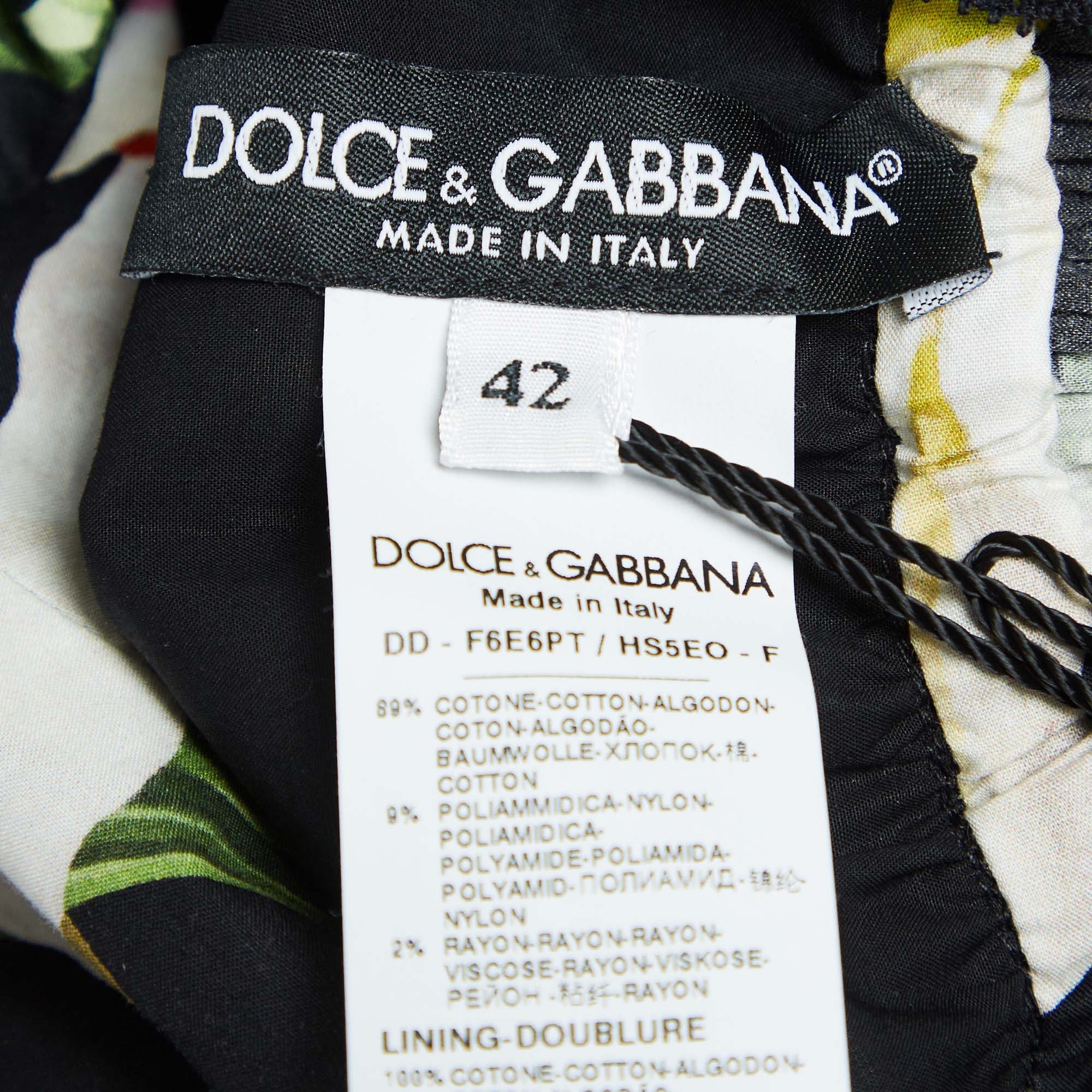 Dolce & Gabbana Black Lily Print Cotton And Lace Midi Length Dress M