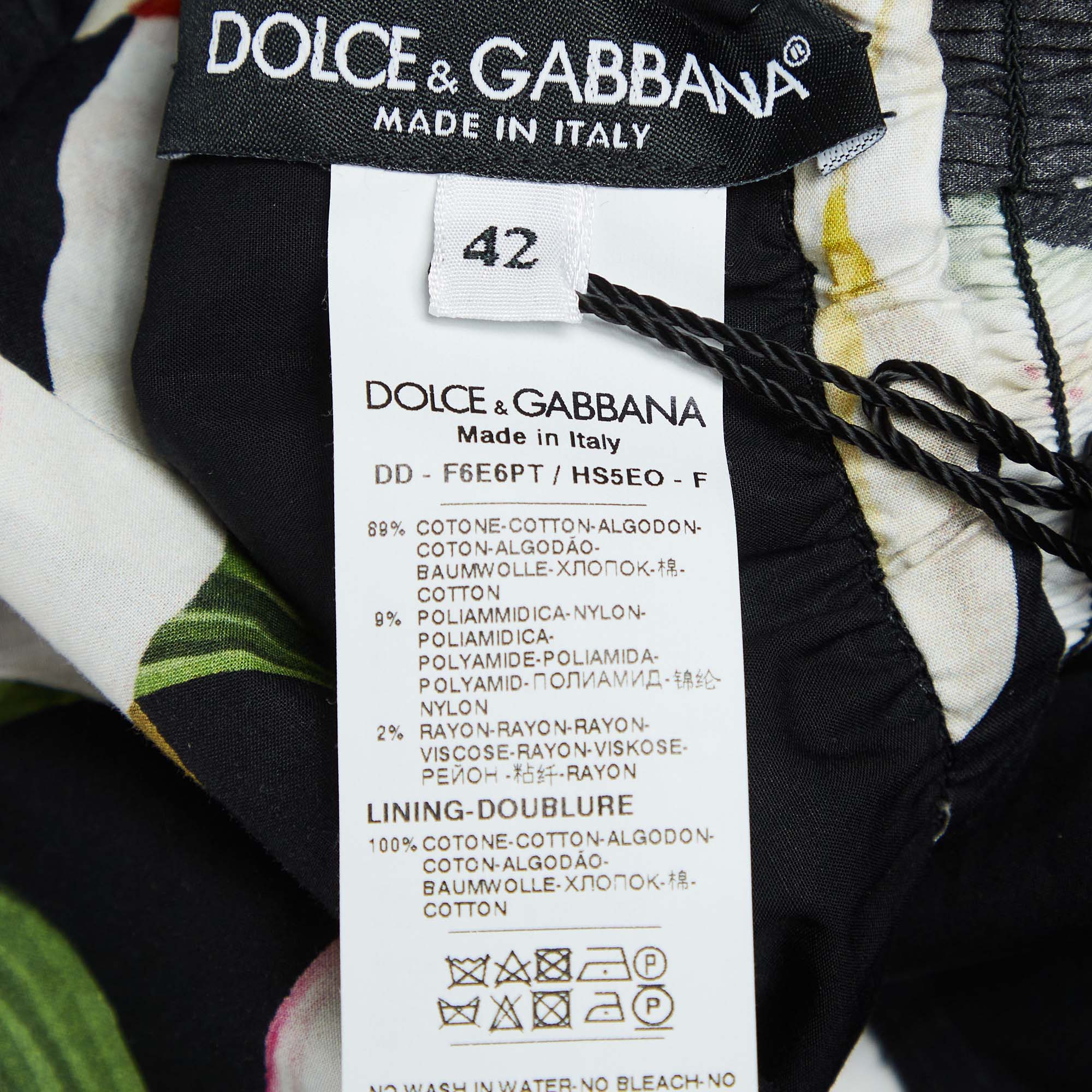 Dolce & Gabbana Black Lily Print Cotton And Lace Midi Length Dress M