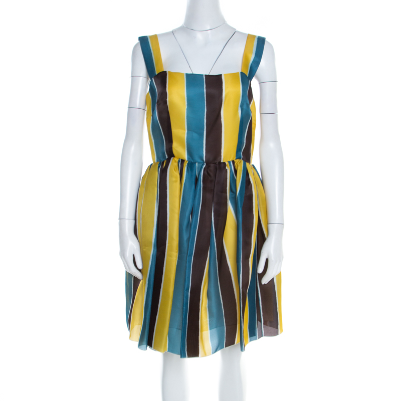 Image of Dolce & Gabbana Multicolor Stripe Printed Silk Sleeveless Dress M