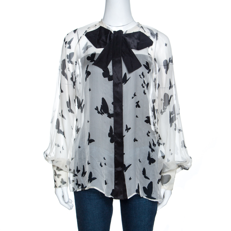 Image of D & G Bicolor Butterfly Print Sheer Silk Bow Detail Blouse M