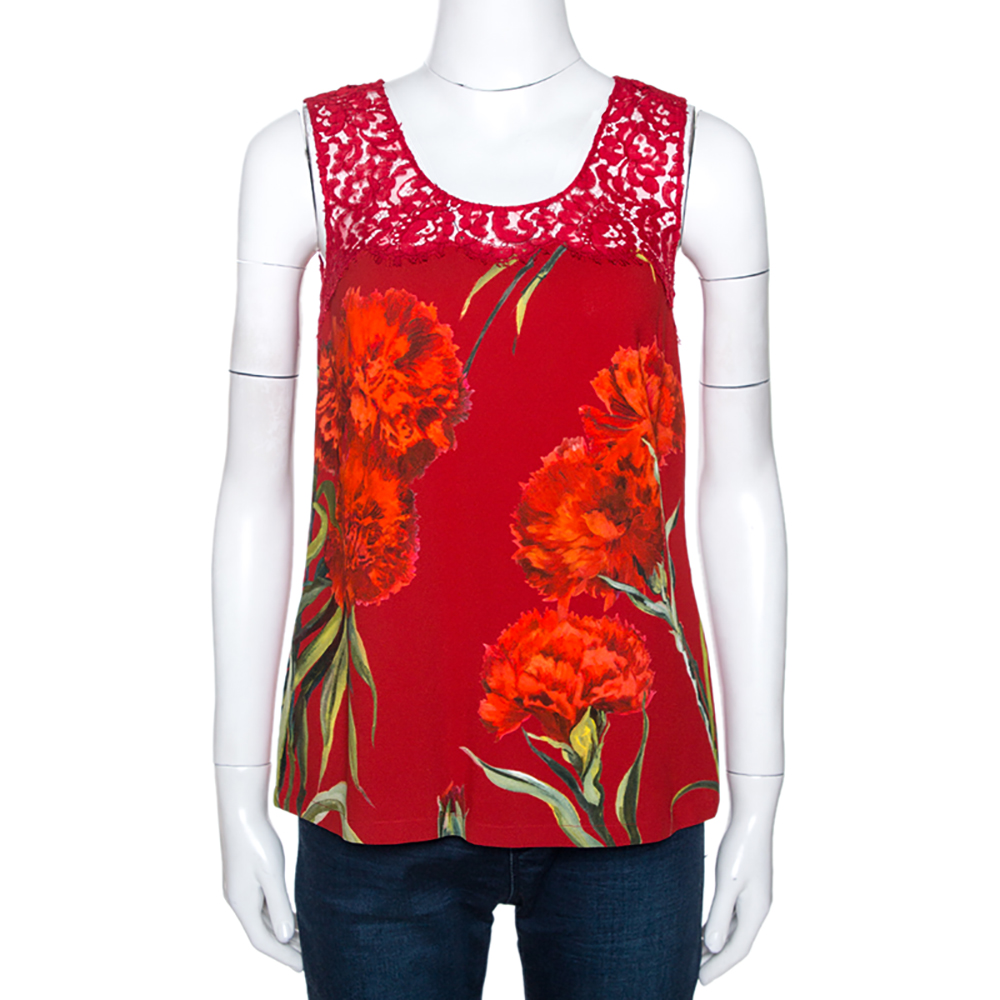 Image of Dolce & Gabbana Red Floral Printed Crepe & Lace Trim Sleeveless Top S