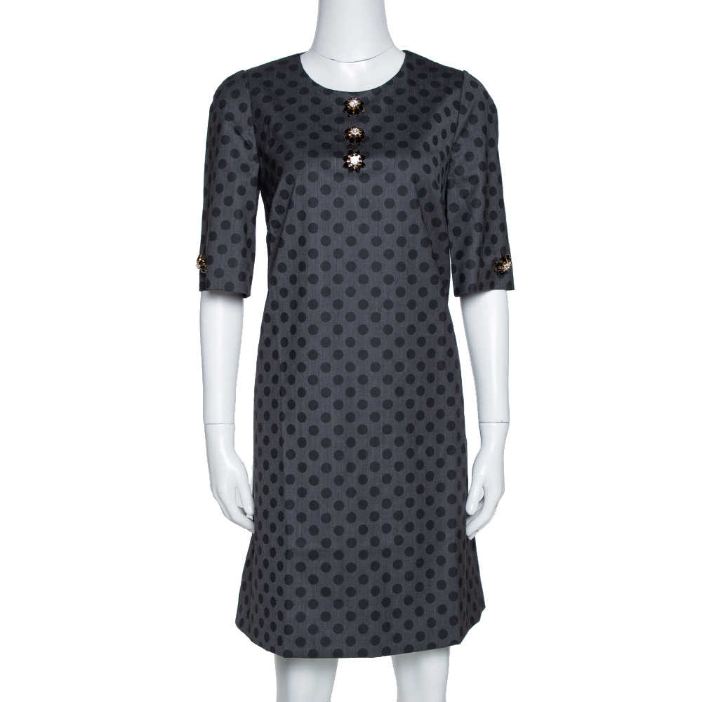 Image of Dolce & Gabbana Grey Polka Dotted Wool Embellished Shift Dress M