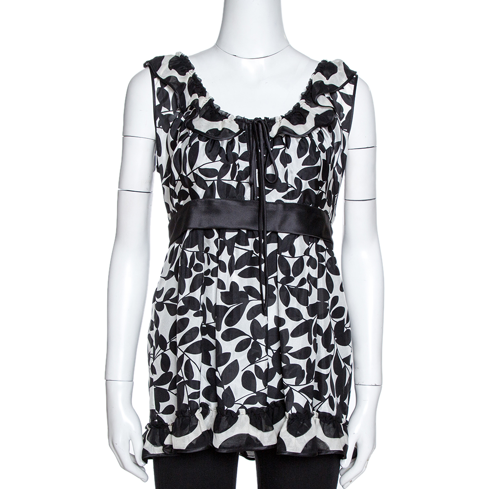 Image of Dolce & Gabbana Monochrome Leaf Print Silk Ruffled Top M
