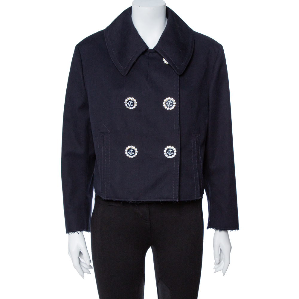 Image of Dolce & Gabbana Navy Blue Cotton Double Breasted Cropped Jacket L