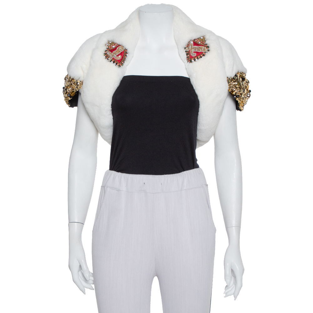 Dolce & gabbana white fur stone & sequin embellished open front crop jacket s