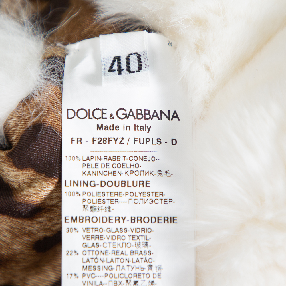 Dolce & Gabbana White Fur Stone & Sequin Embellished Open Front Crop Jacket S