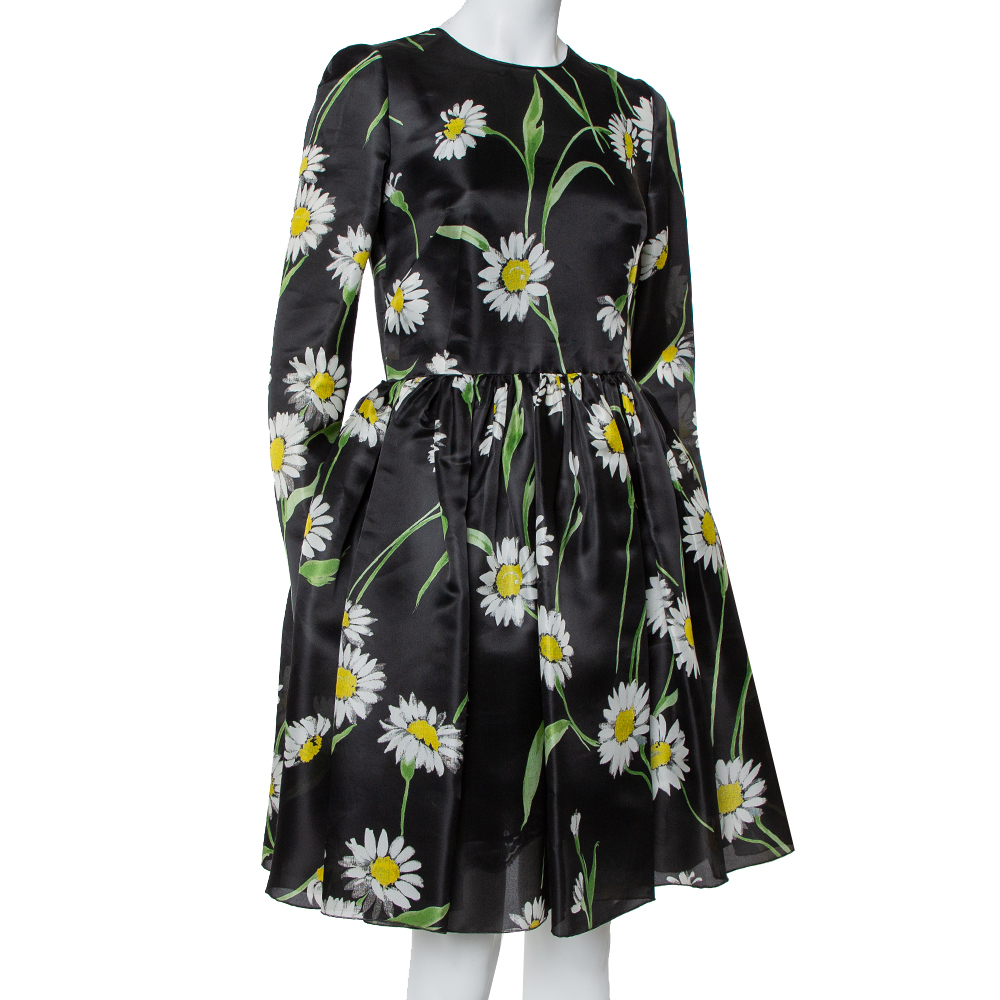 

Dolce & Gabbana Black Sunflower Printed Silk Flared Dress