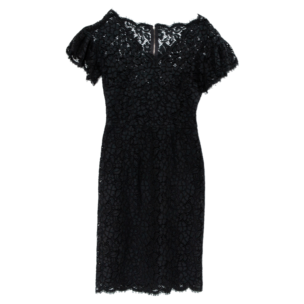 Dolce & Gabbana Black Lace Ruffled Sleeve Sheath Dress XS