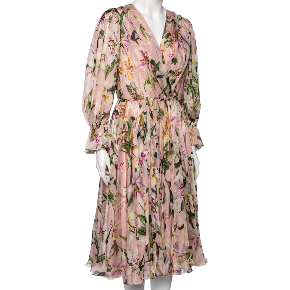 

Dolce & Gabbana Pink Lily Printed Silk Gathered Midi Dress
