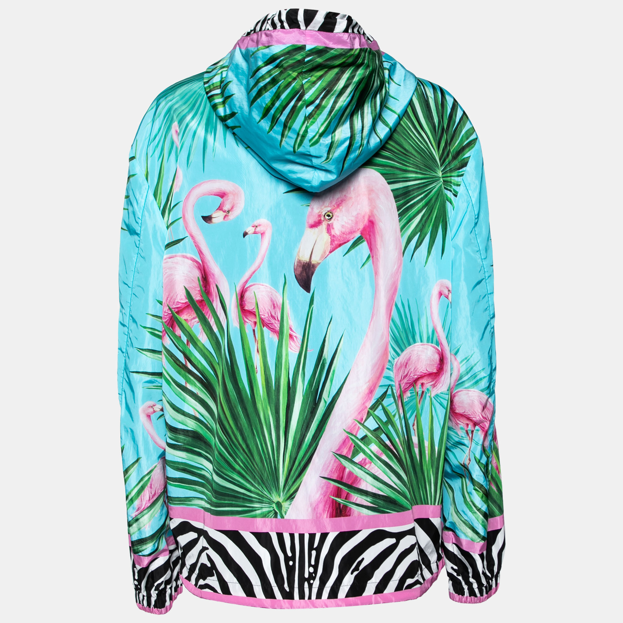 Dolce & Gabbana Blue Flamingo Printed Synthetic Hooded Jacket XL