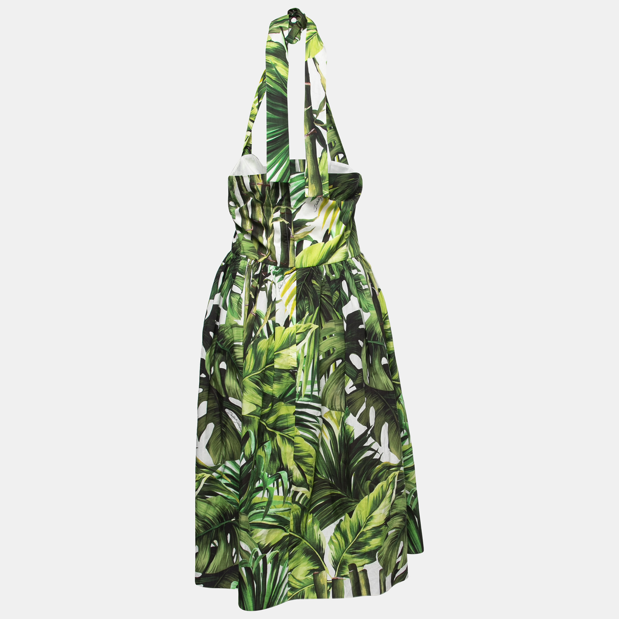 

Dolce & Gabbana Green Leaf Print Cotton Poplin Midi Dress