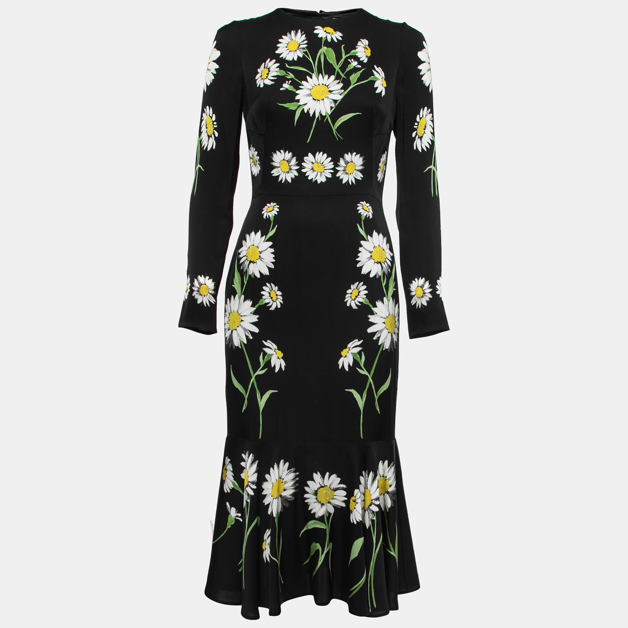Dolce & gabbana black floral printed silk long sleeve dress m