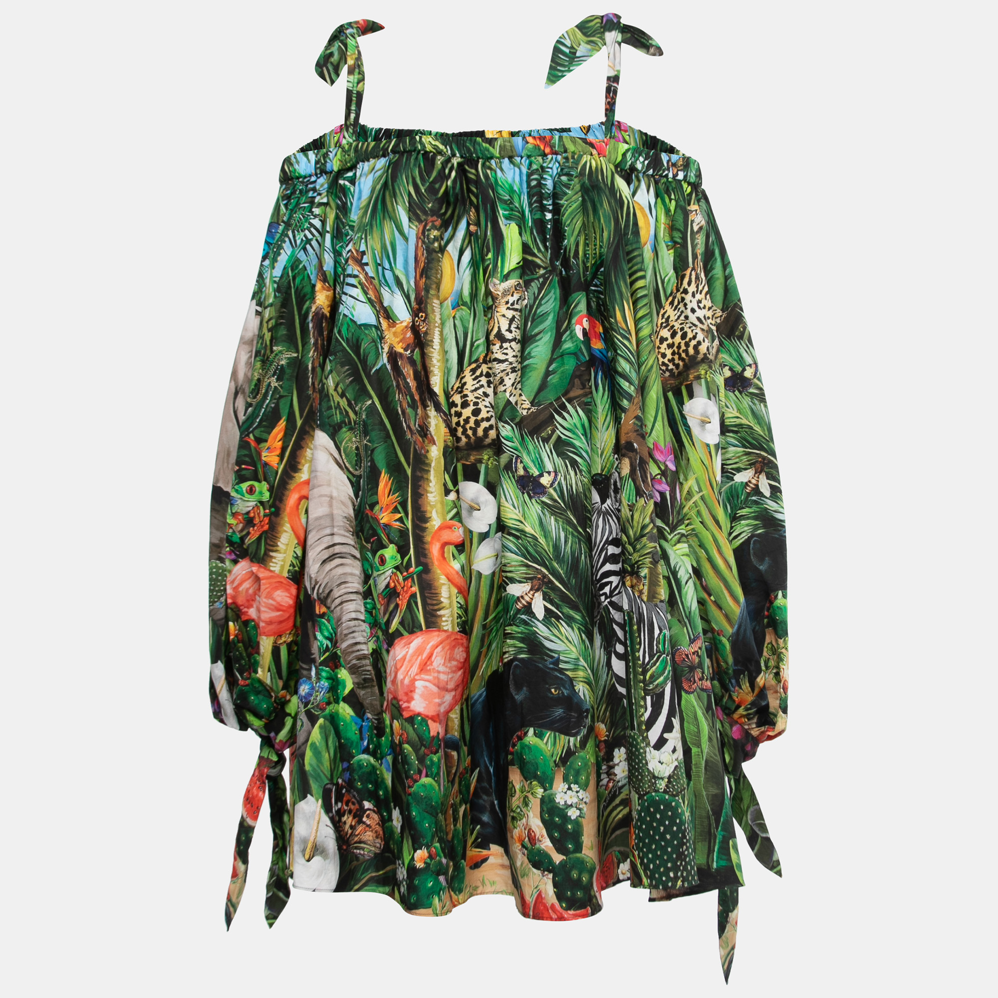Dolce & Gabbana Green Tropical Print Cotton Off-Shoulder Mini Dress XL