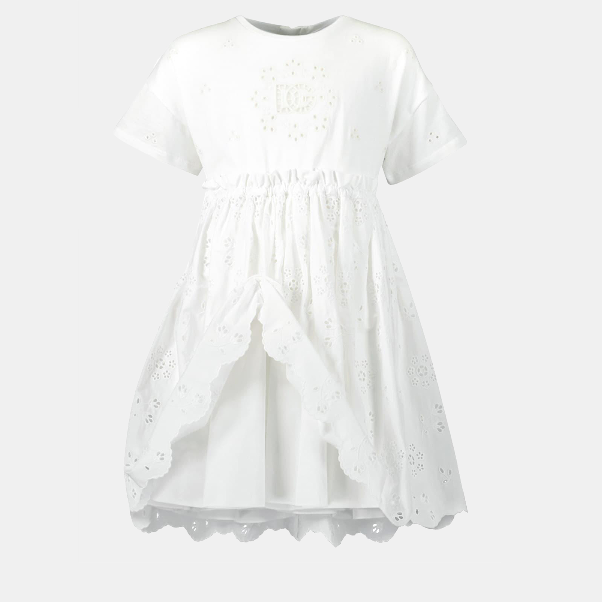 Dolce & Gabbana Kids White - Cotton Logo Ruffled Skirt Short Sleeves Dress Size 8