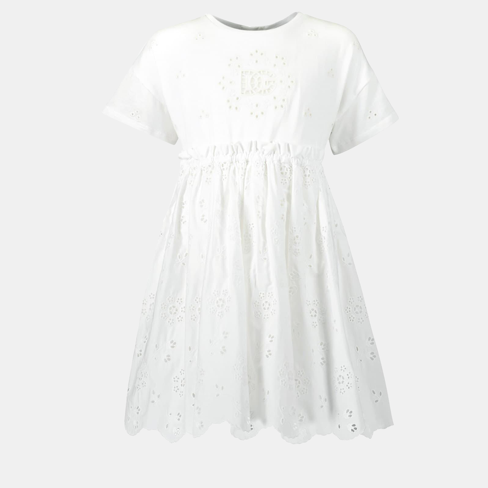 Dolce & gabbana kids white - cotton logo ruffled skirt short sleeves dress size 8