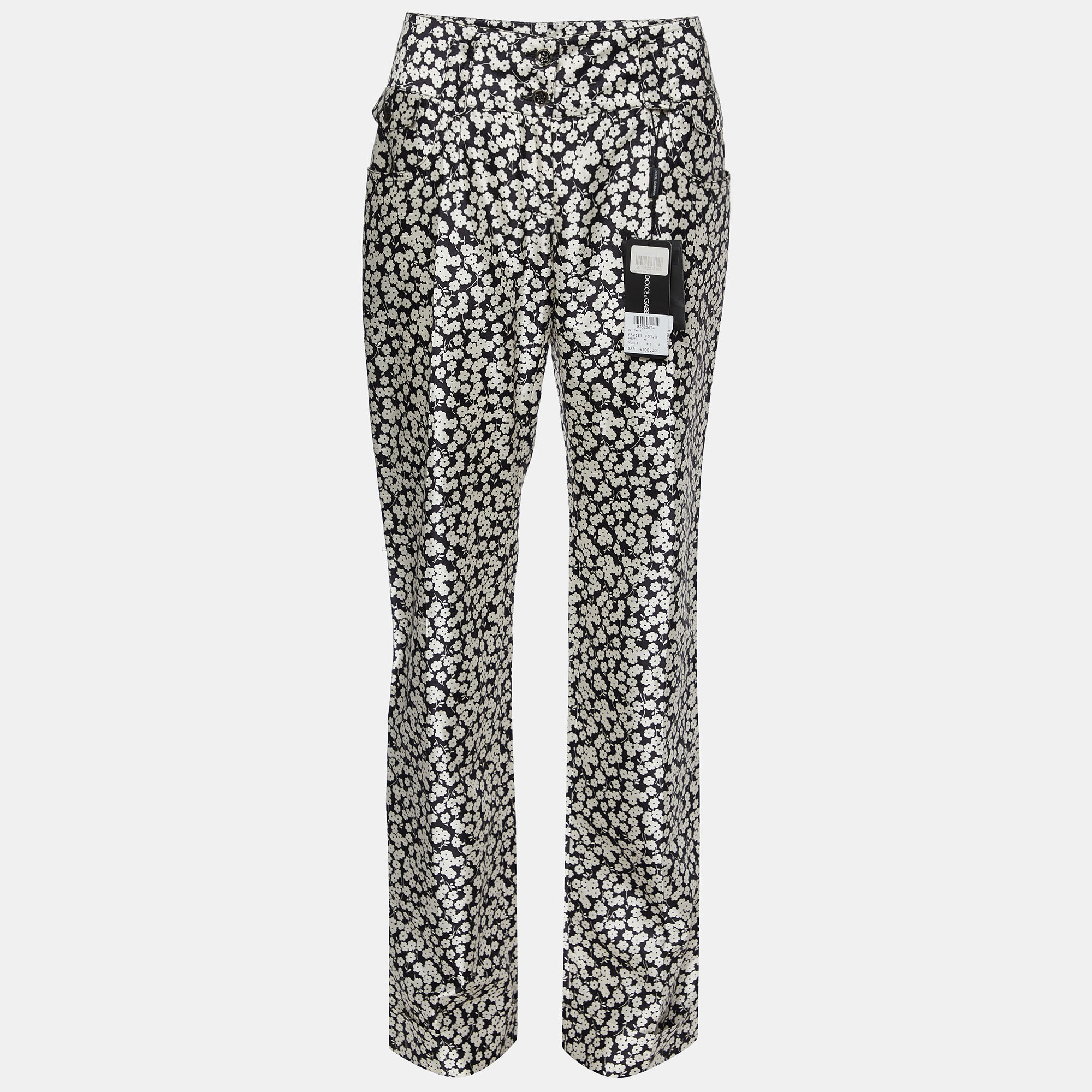 Dolce & Gabbana Black& White Floral Printed Silk Trousers S