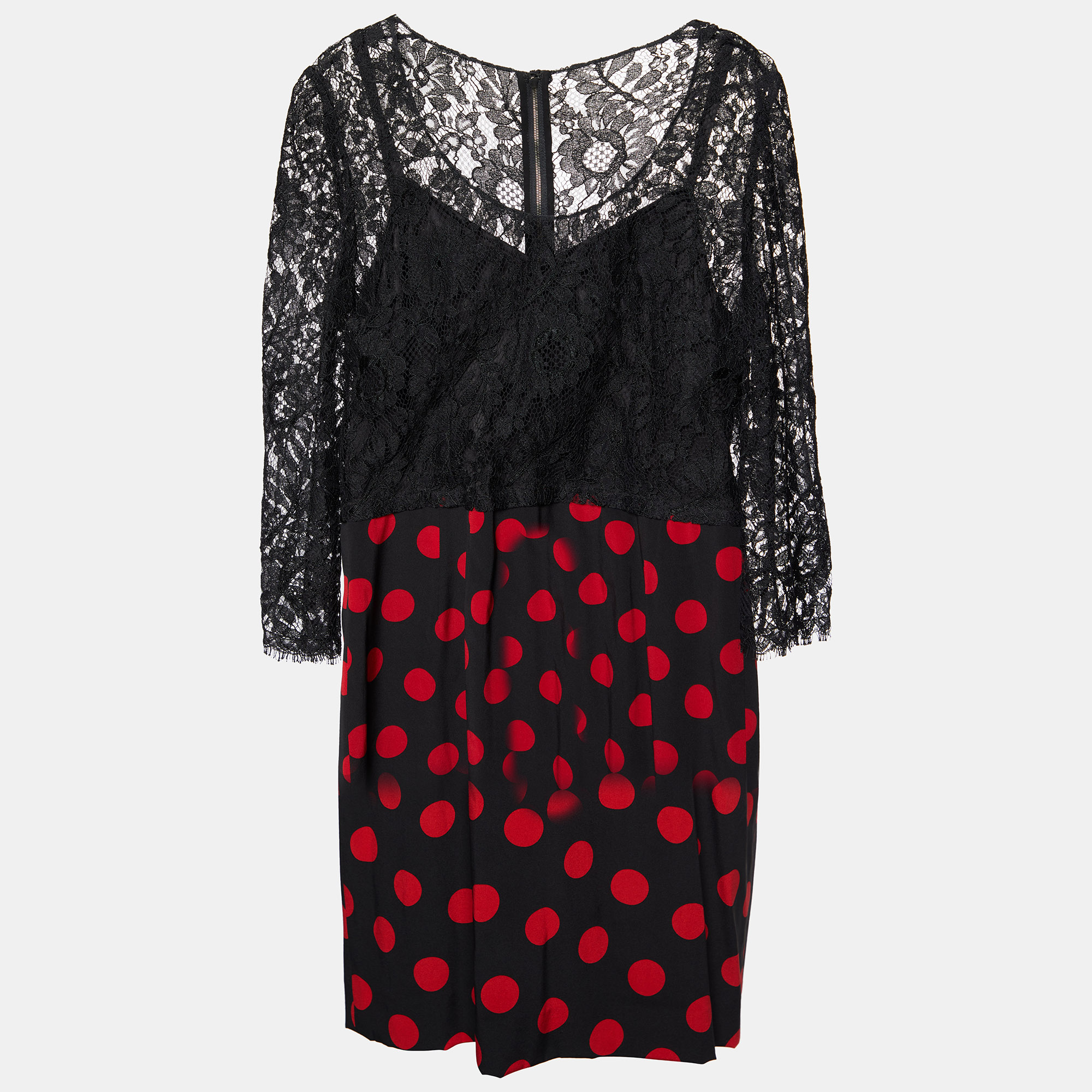 Dolce & Gabbana Black Lace & Polka Dot Printed Silk Midi Dress L