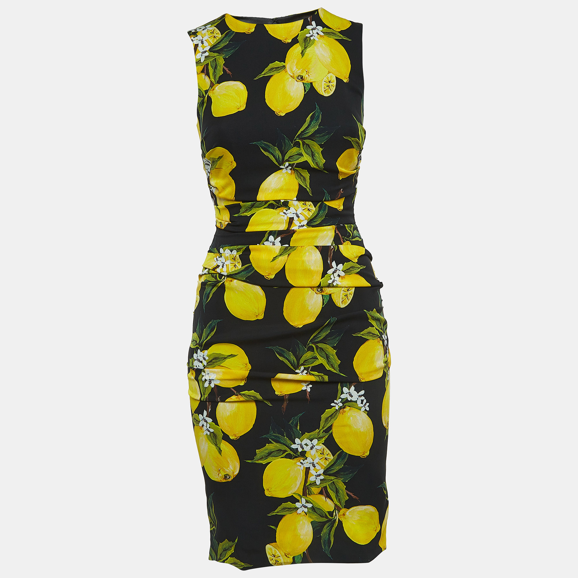 Dolce & Gabbana Black Lemon Print Satin Silk Draped Sleeveless Mini Dress S