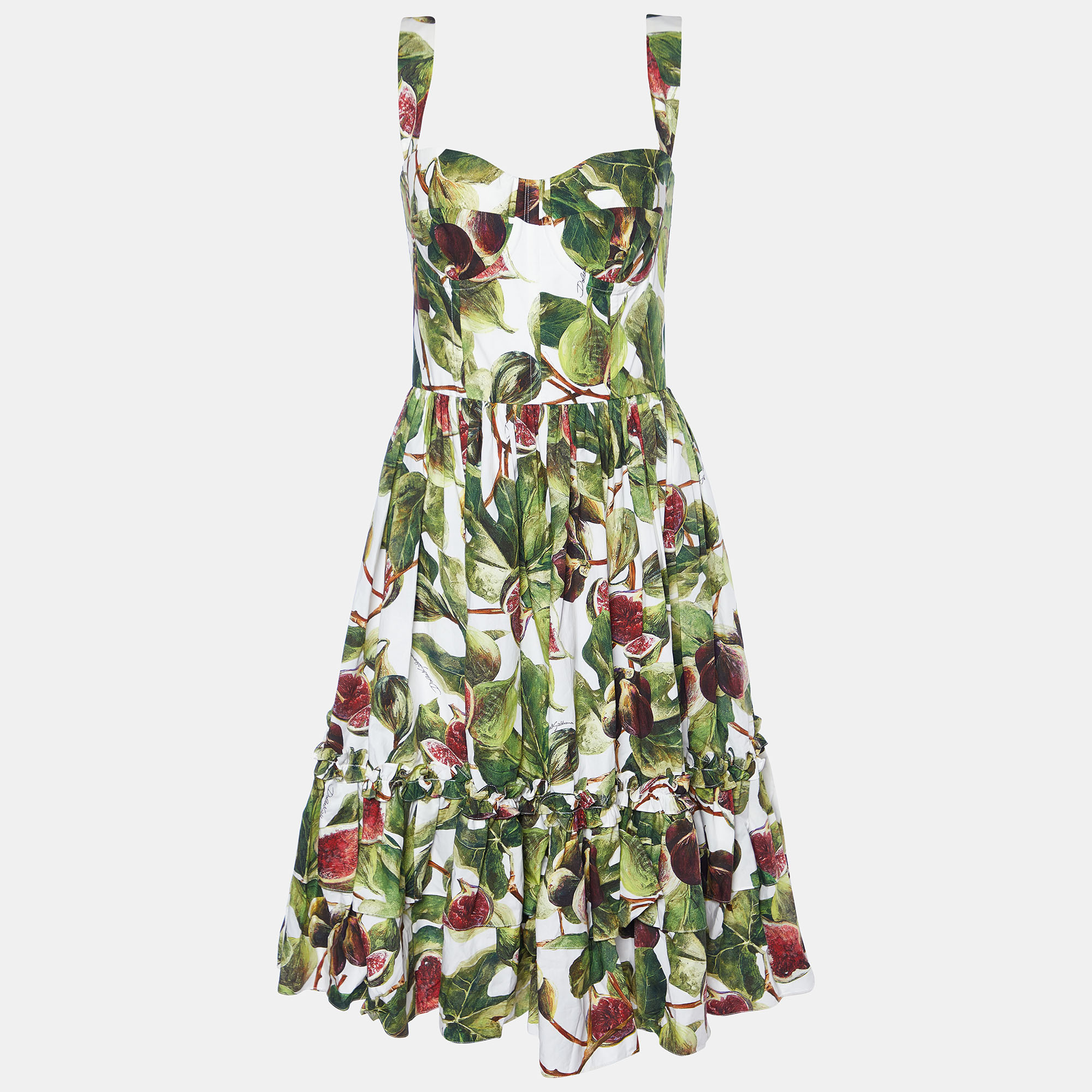 Dolce & gabbana green fig print cotton midi dress m