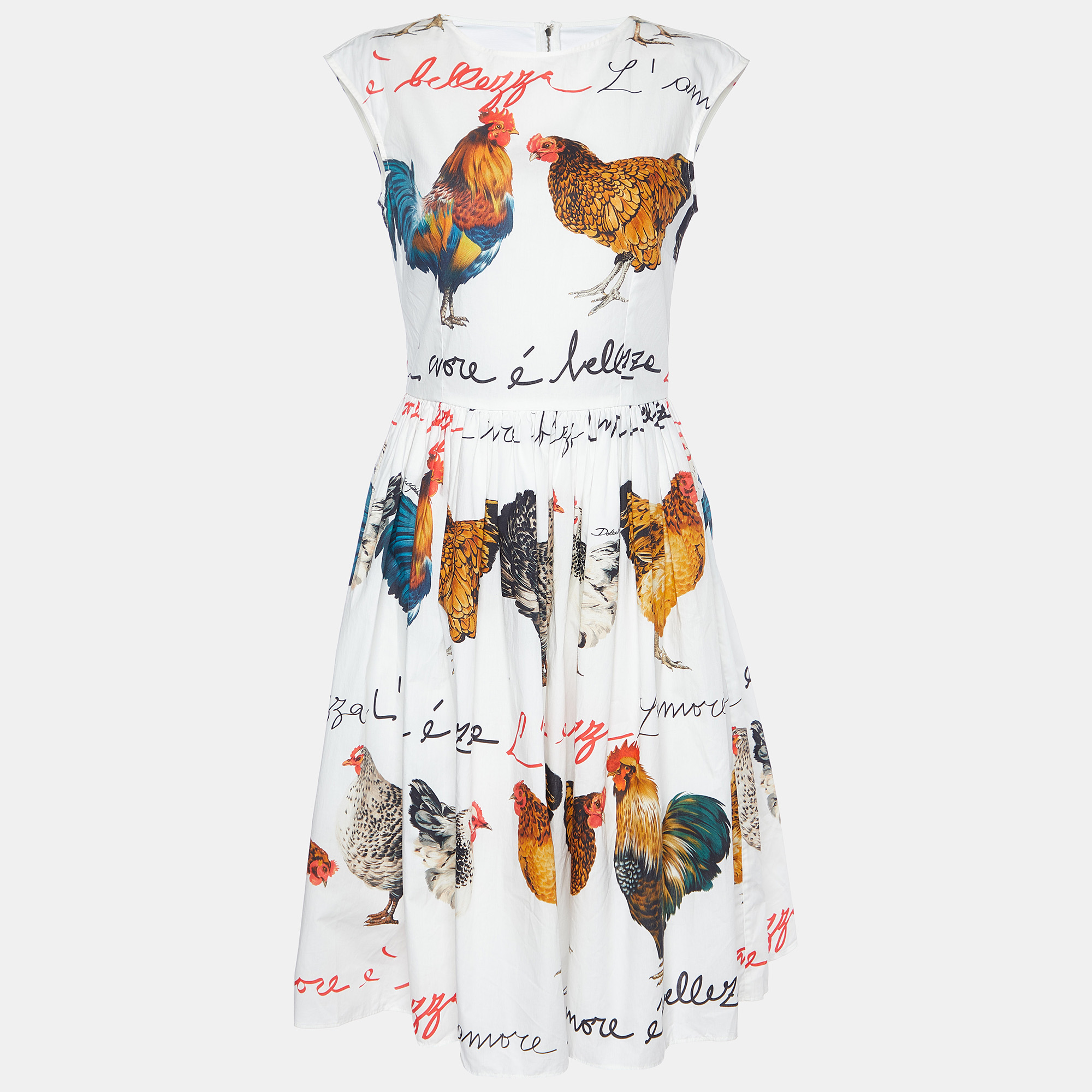 Dolce & gabbana white rooster print cotton a-line dress s