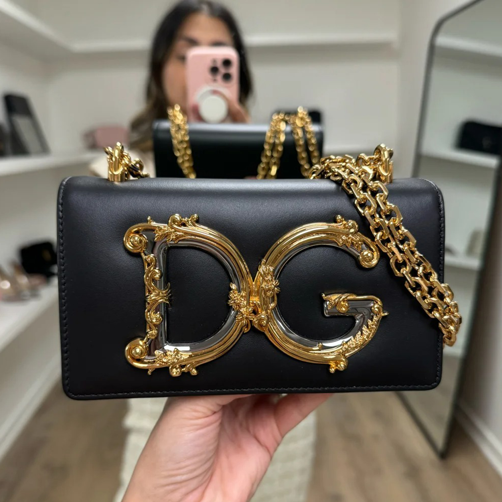 Dolce & gabbana black baroque logo girls phone bag
