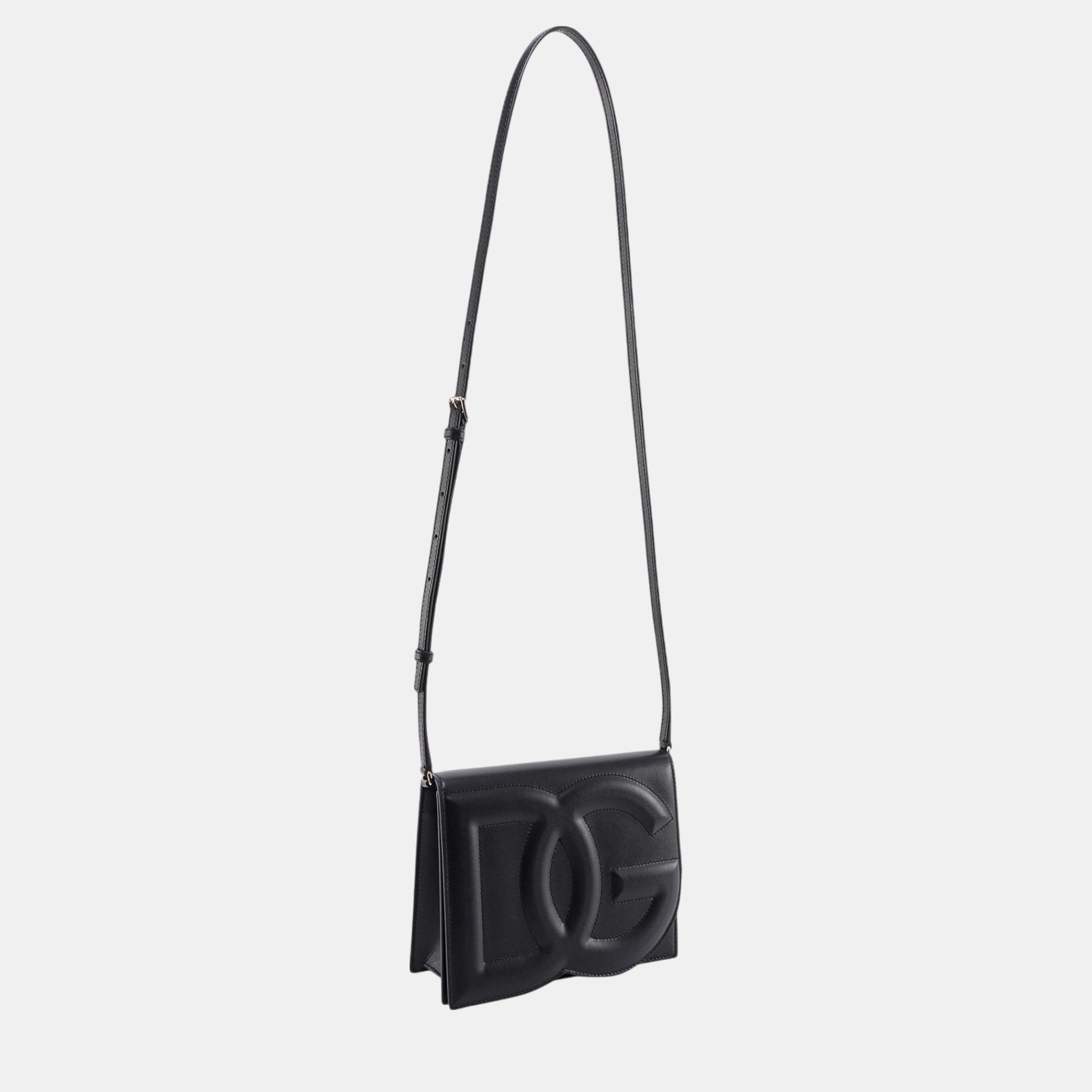 Dolce & Gabbana Black Leather DG Logo Shoulder Bag