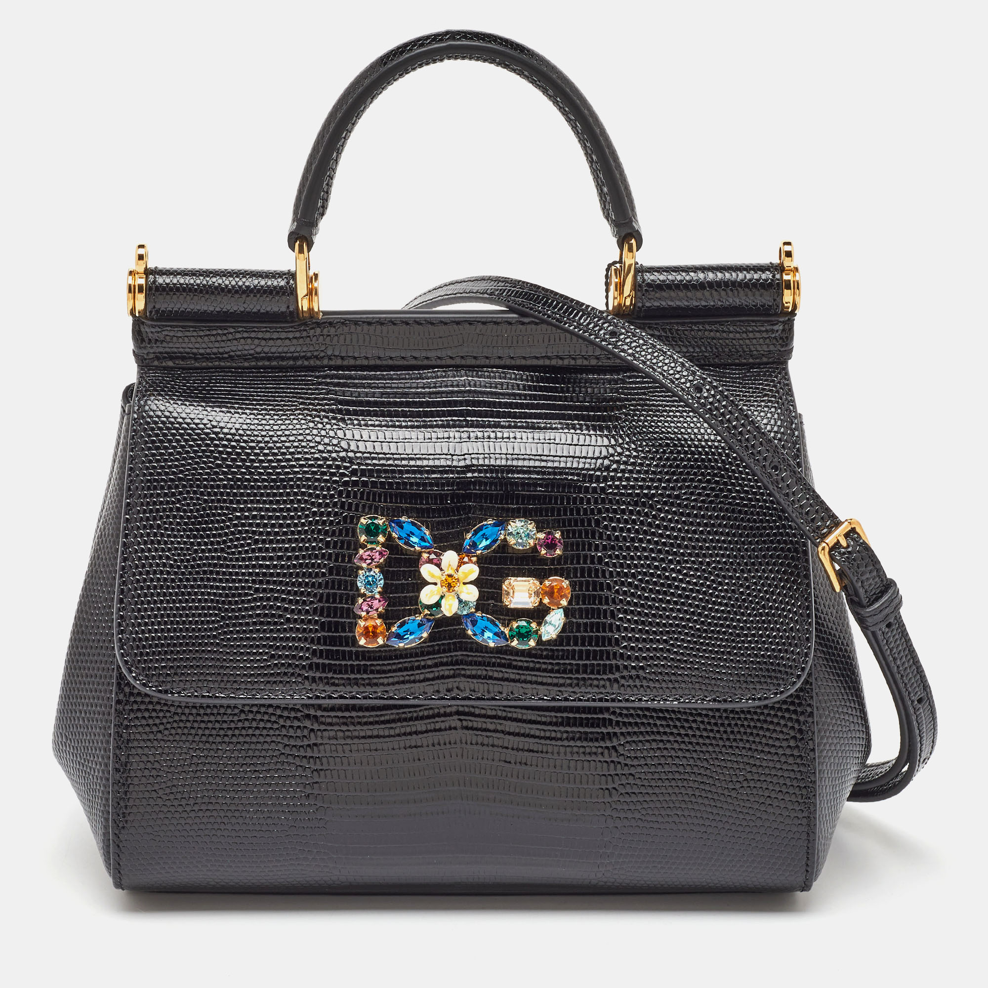Dolce & Gabbana Black Iguana Embossed Leather Small Crystals DG Miss Sicily Bag
Dolce & Gabbana Black Iguana Embossed Leather Small Crystals DG Miss Sicily Bag