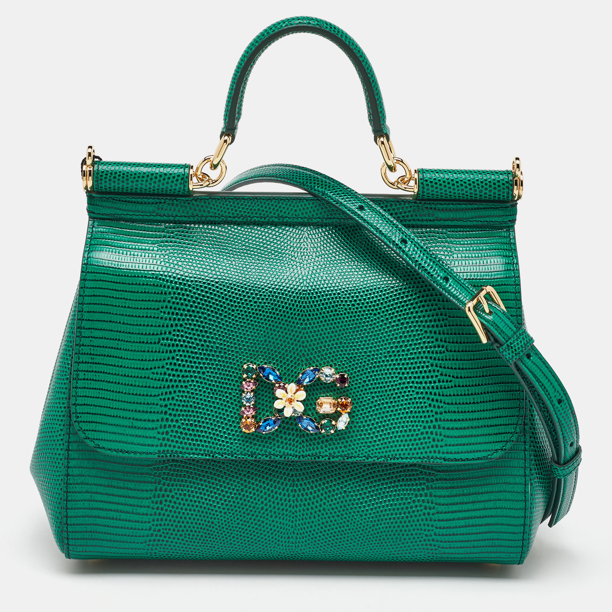 Dolce & Gabbana Green Iguana Embossed Leather Crystal DG Logo Medium Miss Sicily Bag
Dolce & Gabbana Green Iguana Embossed Leather Crystal DG Logo Medium Miss Sicily Bag