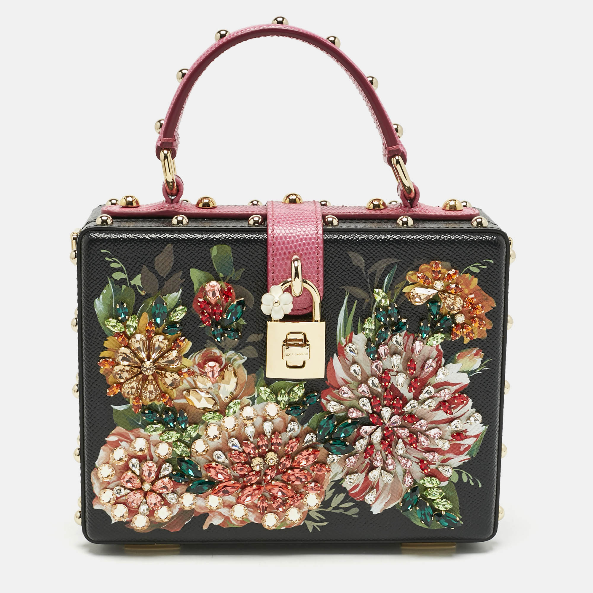 Dolce & Gabbana Black/Fuchsia Leather Studded & Crystal Embellished Dolce Box Top Handle Bag
Dolce & Gabbana Black/Fuchsia Leather Studded & Crystal Embellished Dolce Box Top Handle Bag